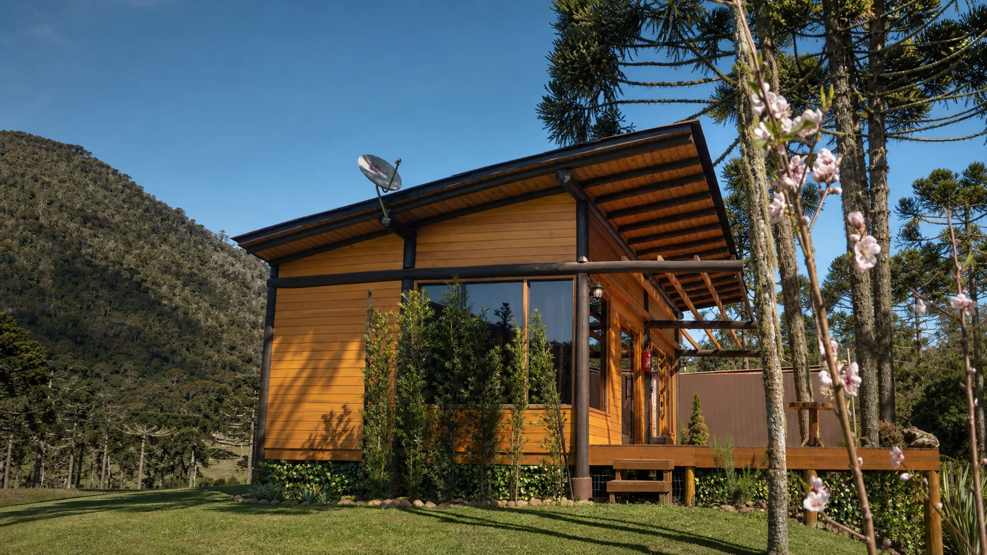 Cabana Sentiero entre araucárias e flores