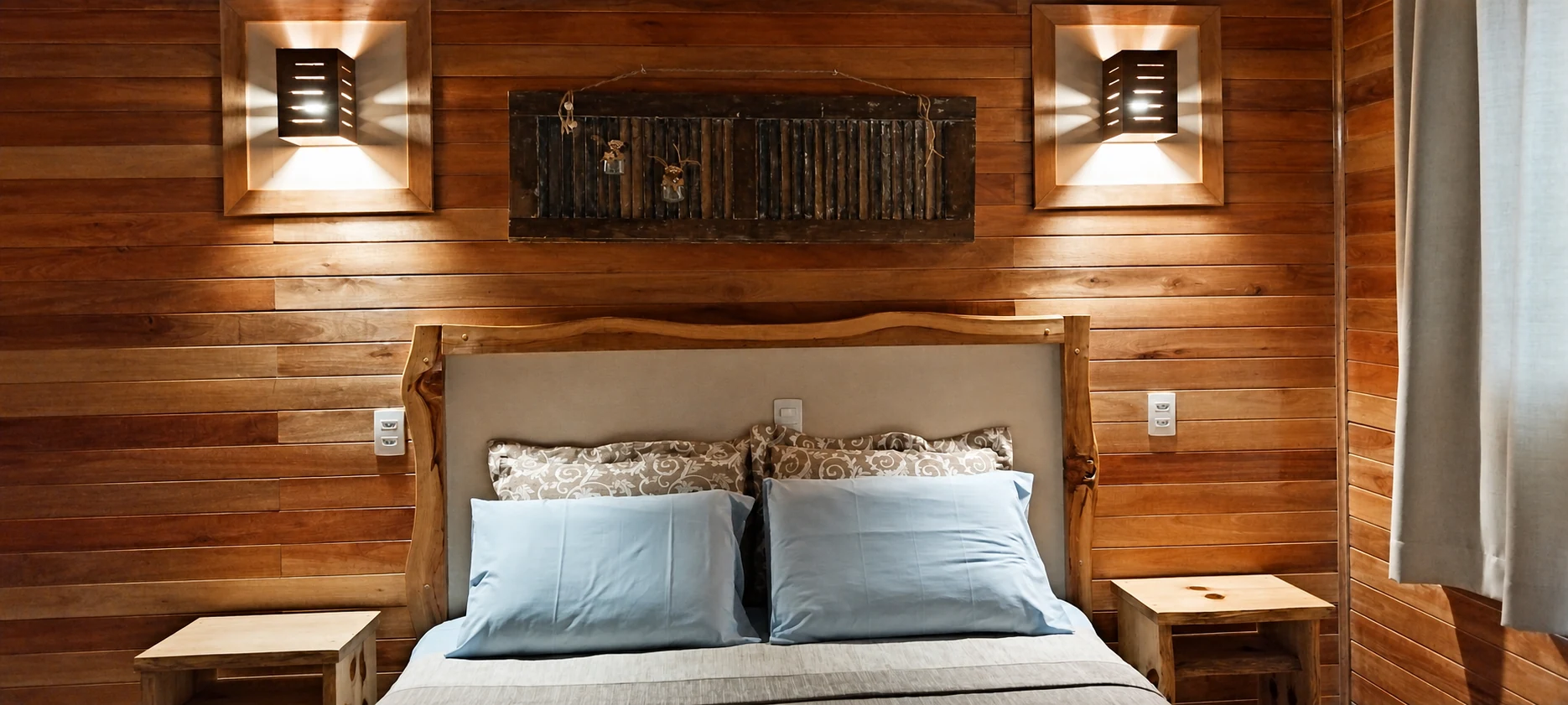 Quarto de casal da Pousada Sentiero com paredes de madeira e iluminação acolhedora
