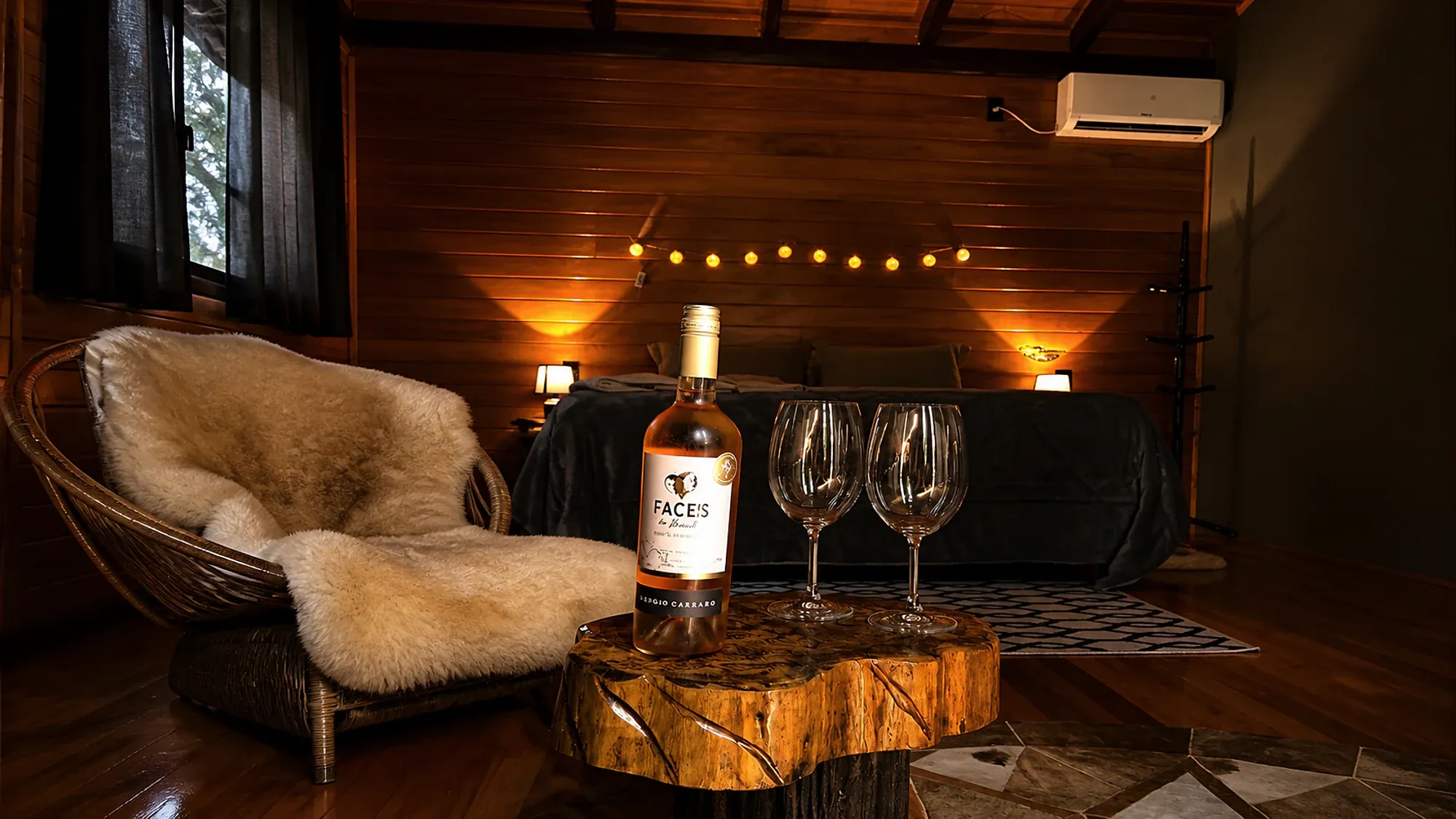 Vinho e taças diante de um quarto aquecido em madeira